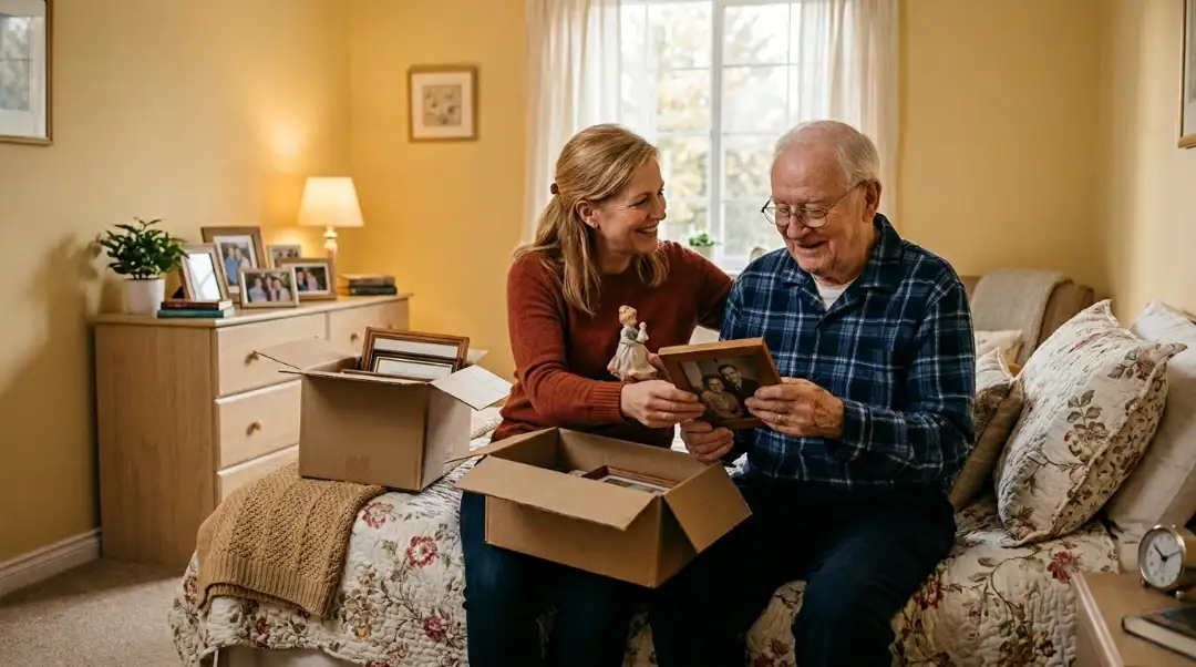 A daughter helping her elderly father unpack familiar photos and personal items in a care home bedroom to ease his dementia transition into residential care