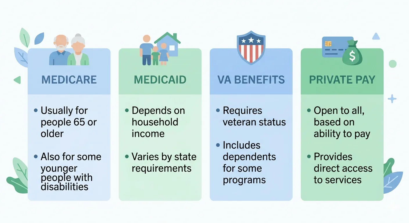 Infographic showing who qualifies for home health care services across four coverage types — Medicare, Medicaid, VA benefits, and private pay