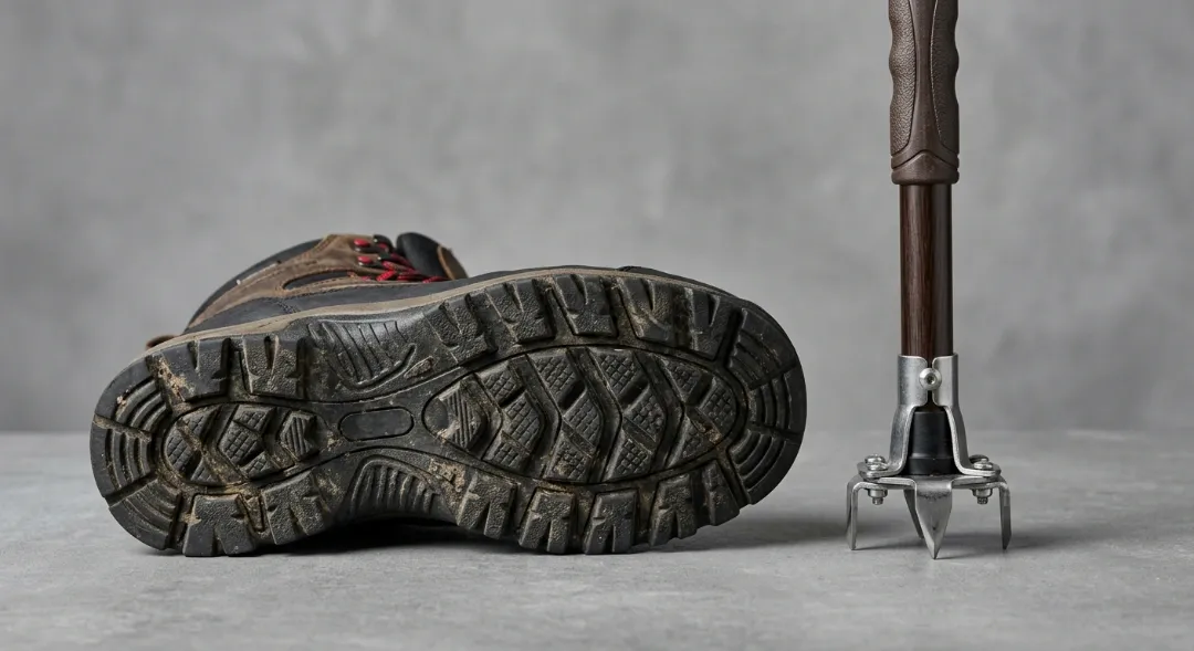 A heavy-duty winter boot showing deep, multi-directional rubber treads on the sole, displayed next to a sturdy walking cane equipped with a sharp metal ice-grip tip attachment for winter precautions for elderly adults.