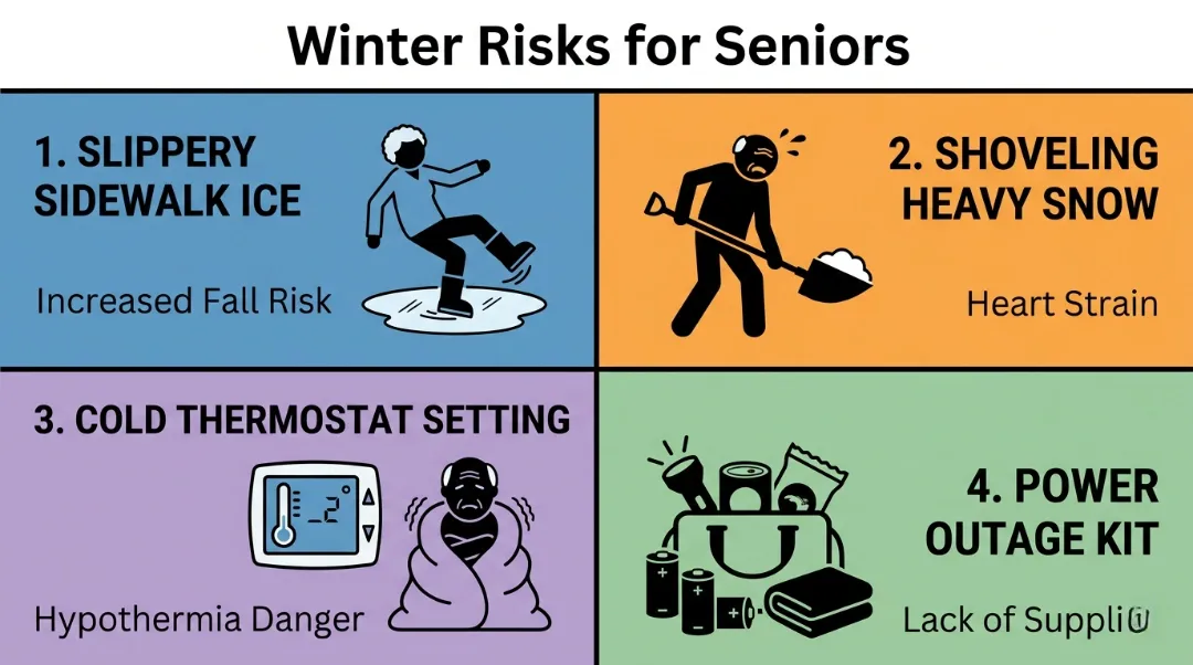 An infographic titled Winter Risks for Seniors illustrating common causes of injury: slippery sidewalk ice, shoveling heavy snow causing heart strain, low thermostat settings creating hypothermia danger, and a power outage kit.