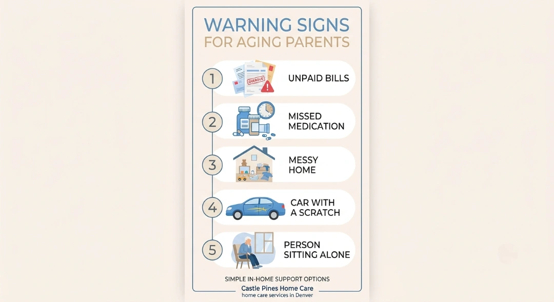 Infographic of 5 warning signs your parent needs help, from unpaid bills to social isolation