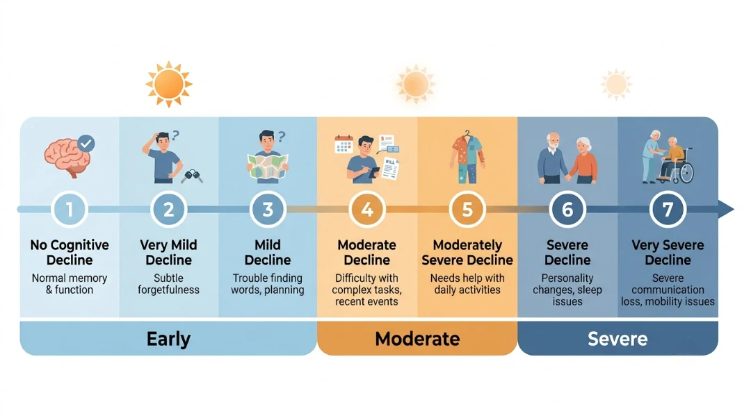 Infographic showing the 7 stages of dementia grouped into early, moderate, and severe decline, highlighting where sundowning is most common