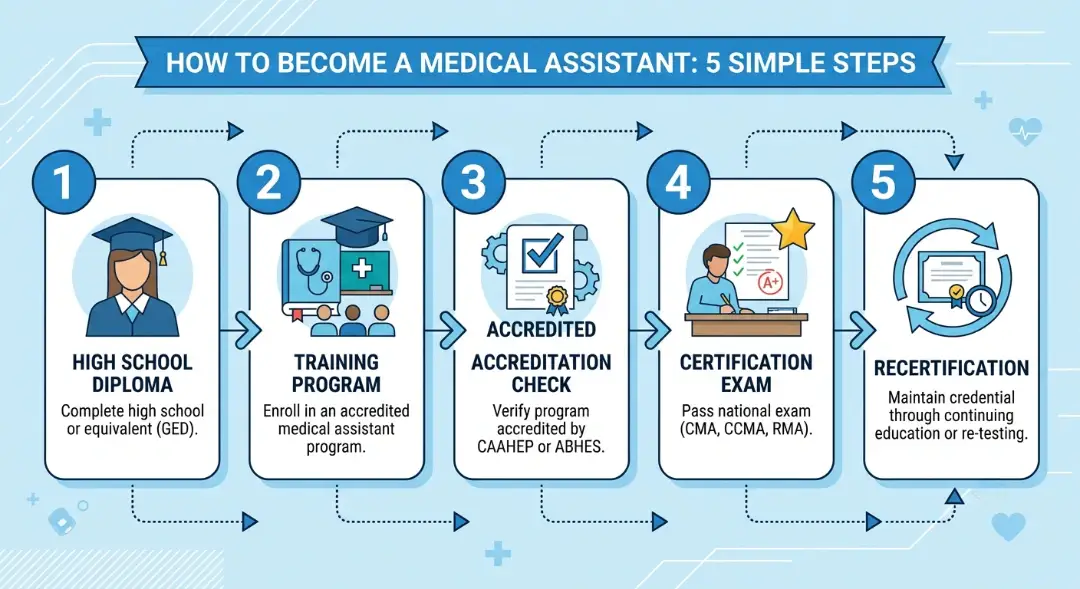 A 5-step infographic detailing the path to becoming a medical assistant, from a high school diploma and training programs (like CAAHEP/ABHES accreditation) to certification exams (CMA, CCMA, RMA) and long-term recertification.