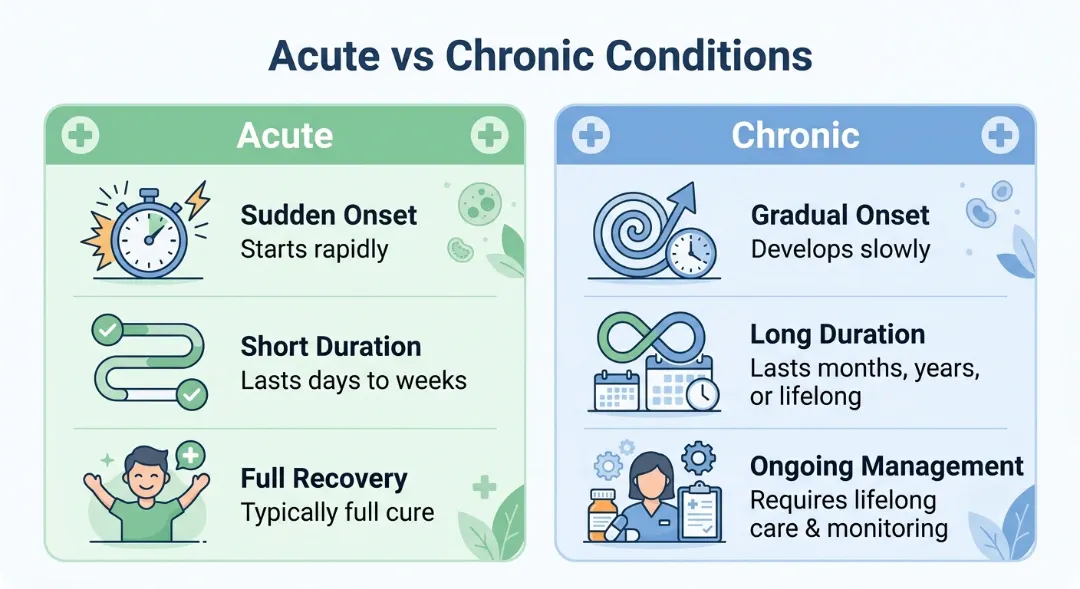 nfographic comparing acute vs chronic conditions. Acute features sudden onset (stopwatch icon), short duration, and full recovery (man icon). Chronic features gradual onset (swirly clock), long duration (infinity calendar), and ongoing management (caregiver icon).