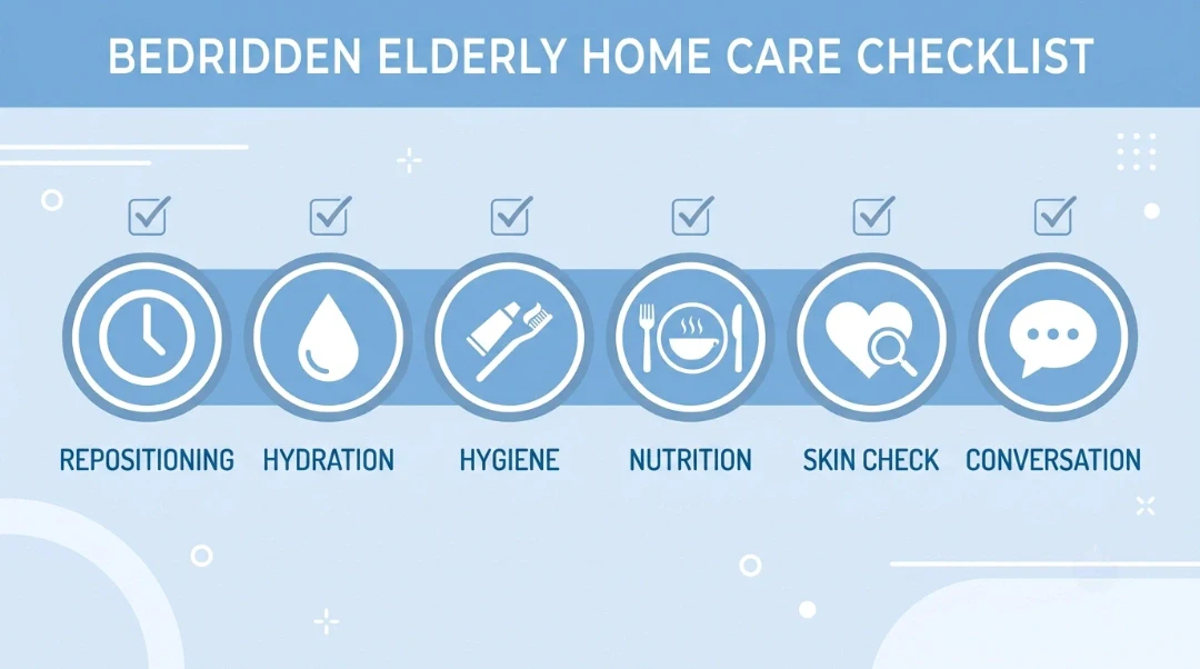 Daily care checklist for how to care for bedridden elderly at home, covering repositioning, hydration, hygiene, and nutrition