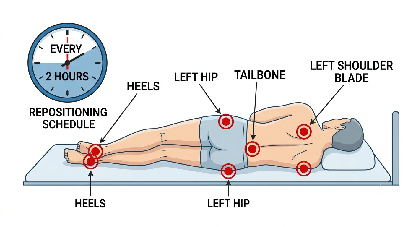 Pressure points diagram for how to care for bedridden elderly at home, showing repositioning every two hours to prevent bedsores
