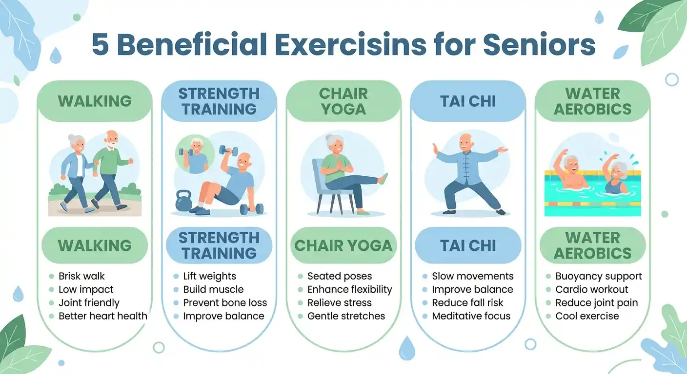 Infographic showing what are the best exercises for seniors, including walking, strength training, chair yoga, tai chi, and water aerobics