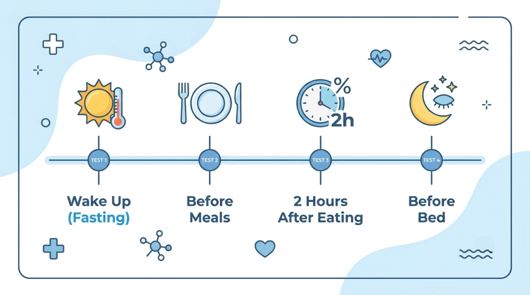 What is the best time to check blood sugar shown as a woman testing her fasting blood glucose with a meter in the morning