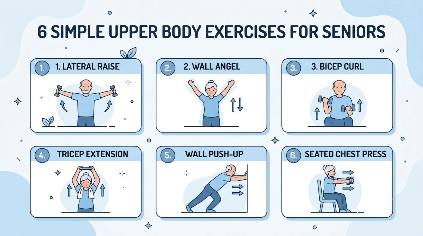 Infographic showing how to build upper body strength for seniors with 6 exercises: lateral raise, wall angel, bicep curl, tricep extension, wall push-up, and seated chest press