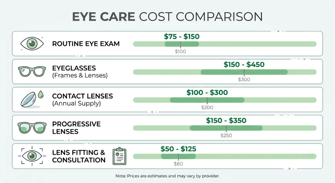 Infographic comparing eye care costs without vision insurance, relevant to does Medicare cover eye care for seniors, showing price ranges for routine eye exams, eyeglasses, contact lenses, and progressive lenses