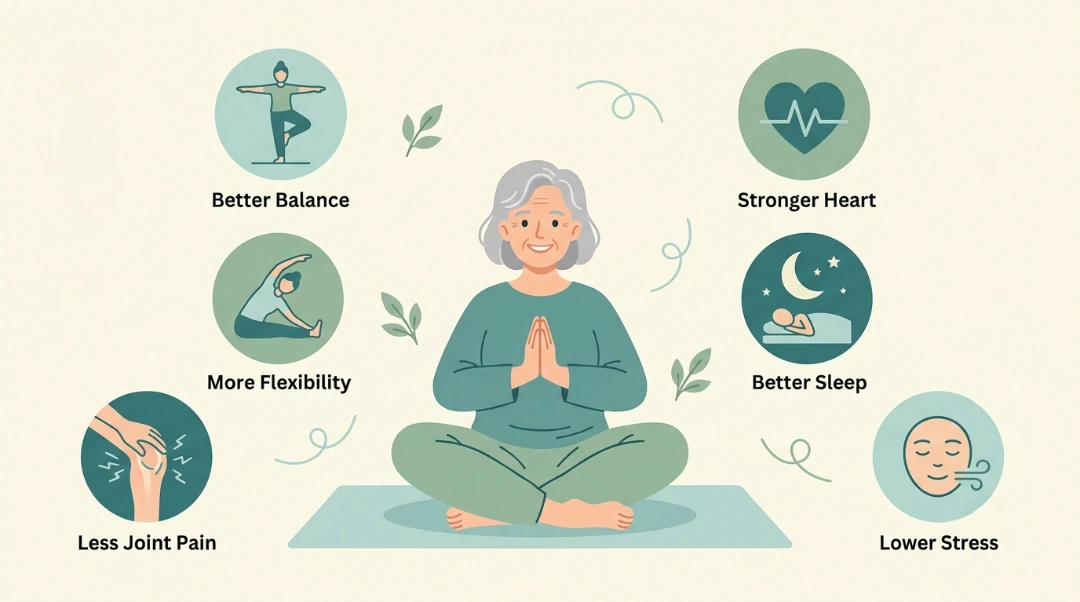 Infographic showing how does yoga imrpove body seniors with icons for better balance, more flexibility, less joint pain, stronger heart, better sleep, and lower stress around a senior woman meditating