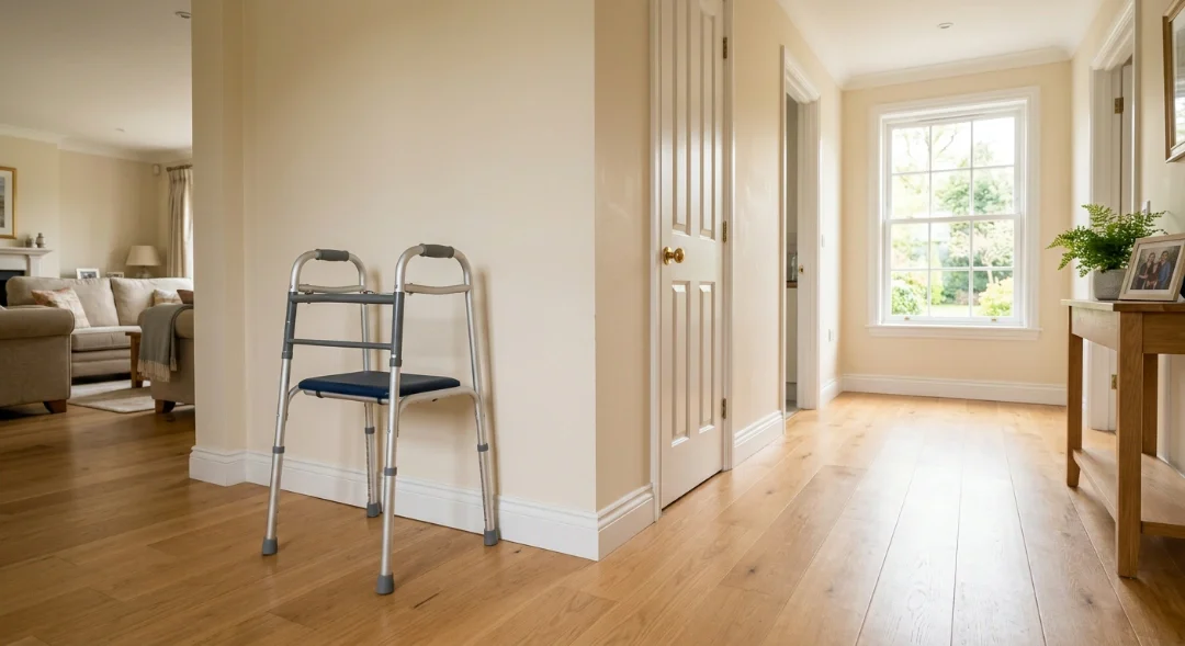 How to prepare for a home health visit: clear, clutter-free hallway with a walker ready for a home safety walkthrough