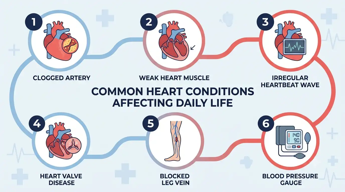 Infographic showing 6 heart conditions that affect a seniors daily life: clogged artery, weak heart muscle, irregular heartbeat, valve disease, blocked leg vein, and high blood pressure