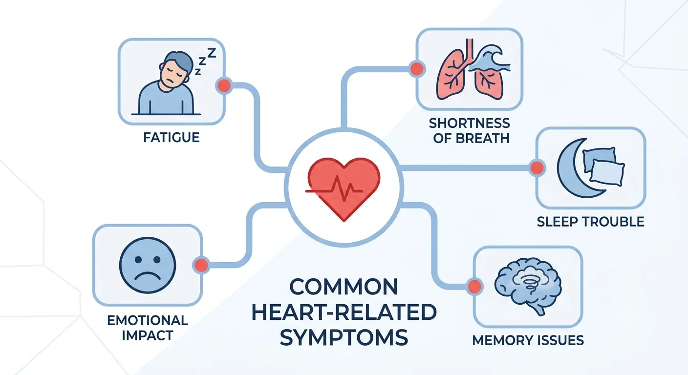 Infographic showing how heart disease affect a seniors daily life through fatigue, shortness of breath, sleep trouble, memory issues, and emotional impact