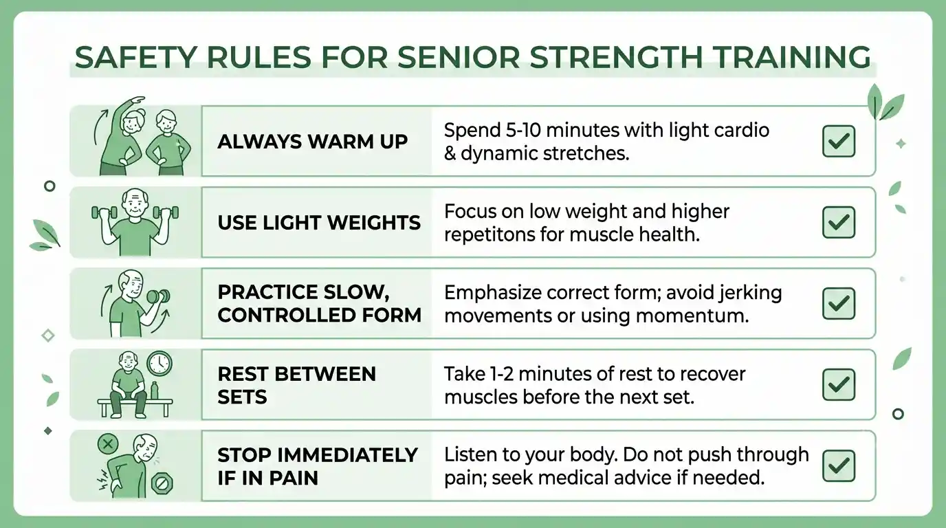 Safety rules infographic for how to build upper body strength for seniors, showing warm up, light weights, controlled form, rest between sets, and stopping if in pain