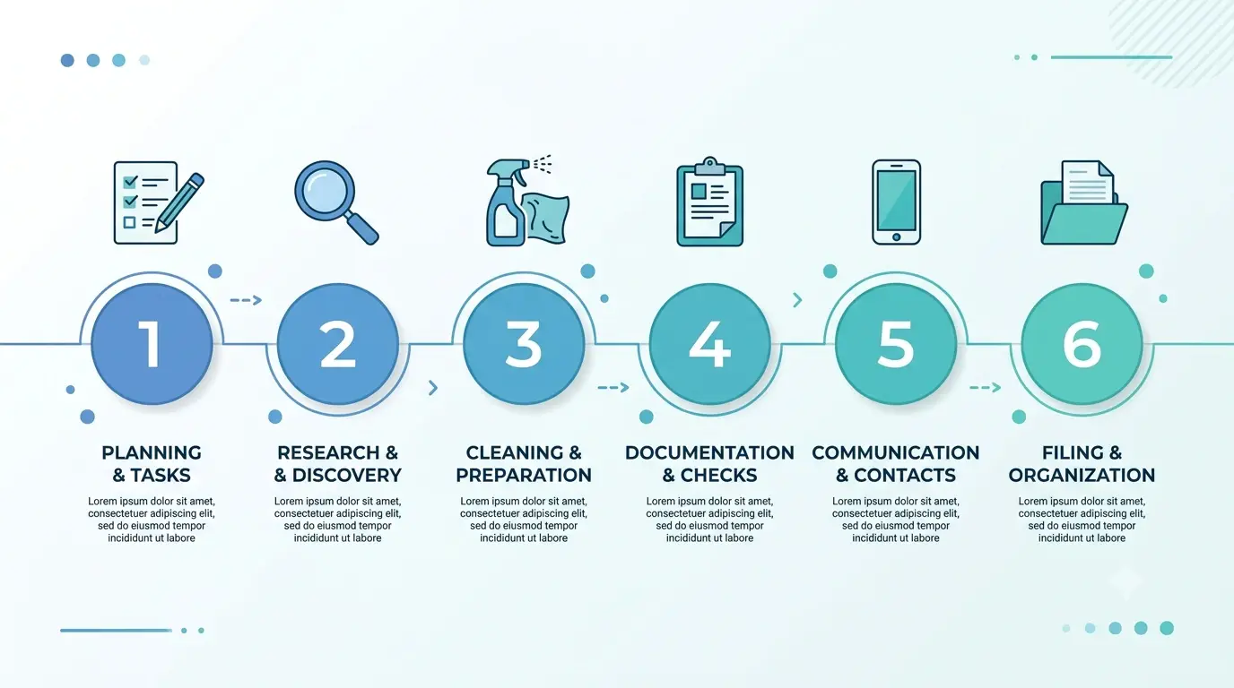 Six-step infographic on how to prepare a medical equipment donation, covering planning, research, cleaning, documentation, and filing