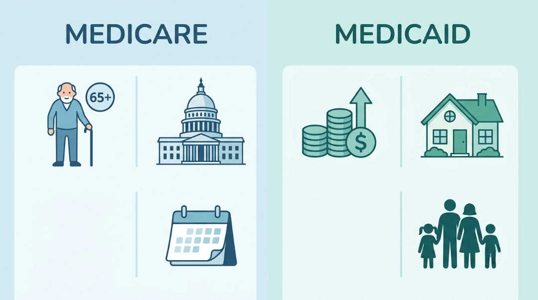A flat-design Venn diagram infographic referencing ezgif.com-webp-maker (1).webp that explains what is the difference between medicare and medicaid regarding dual eligibility. It shows three overlapping circles: a blue circle with a hospital icon, a central green-blue circle with a handshake icon for care coordination, and a green circle with a family and house icon representing home-based services.