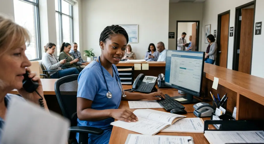 Medical assistant multitasking at a front desk, updating patient records while managing a busy waiting room