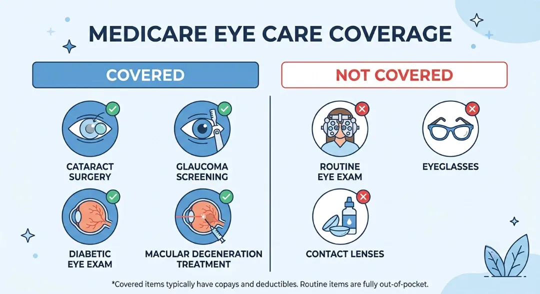 Infographic showing does Medicare cover eye care for seniors, comparing covered services like cataract surgery, glaucoma screening, and diabetic eye exams against uncovered items like routine eye exams, eyeglasses, and contact lenses