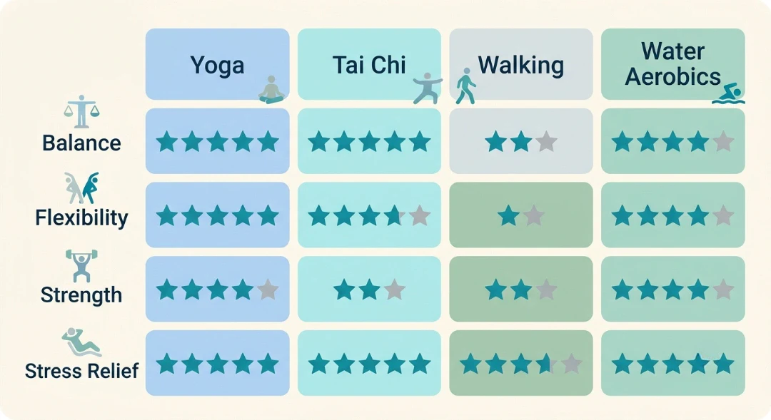 Star rating comparison chart showing how does yoga imrpove body seniors versus tai chi, walking, and water aerobics across balance, flexibility, strength, and stress relief