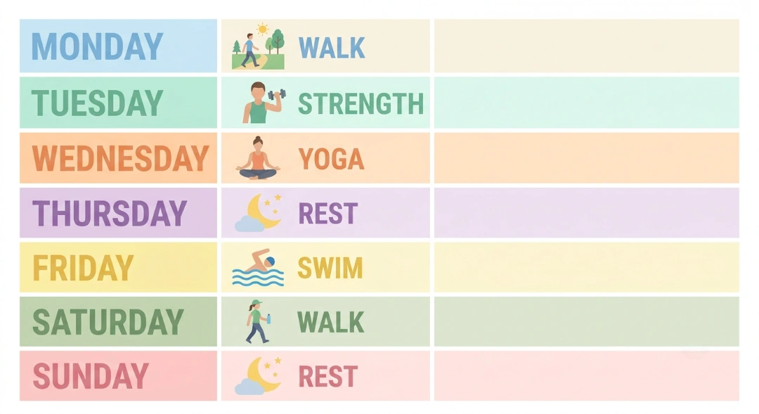 Weekly workout plan for seniors infographic showing what are the best exercises for seniors, including walking, strength, yoga, swimming, and rest days