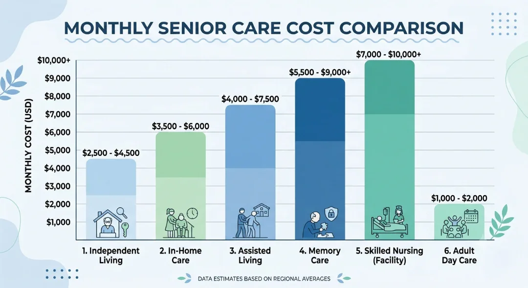 Bar chart infographic comparing monthly costs across senior care levels, showing what are the different levels of senior care cost by care type