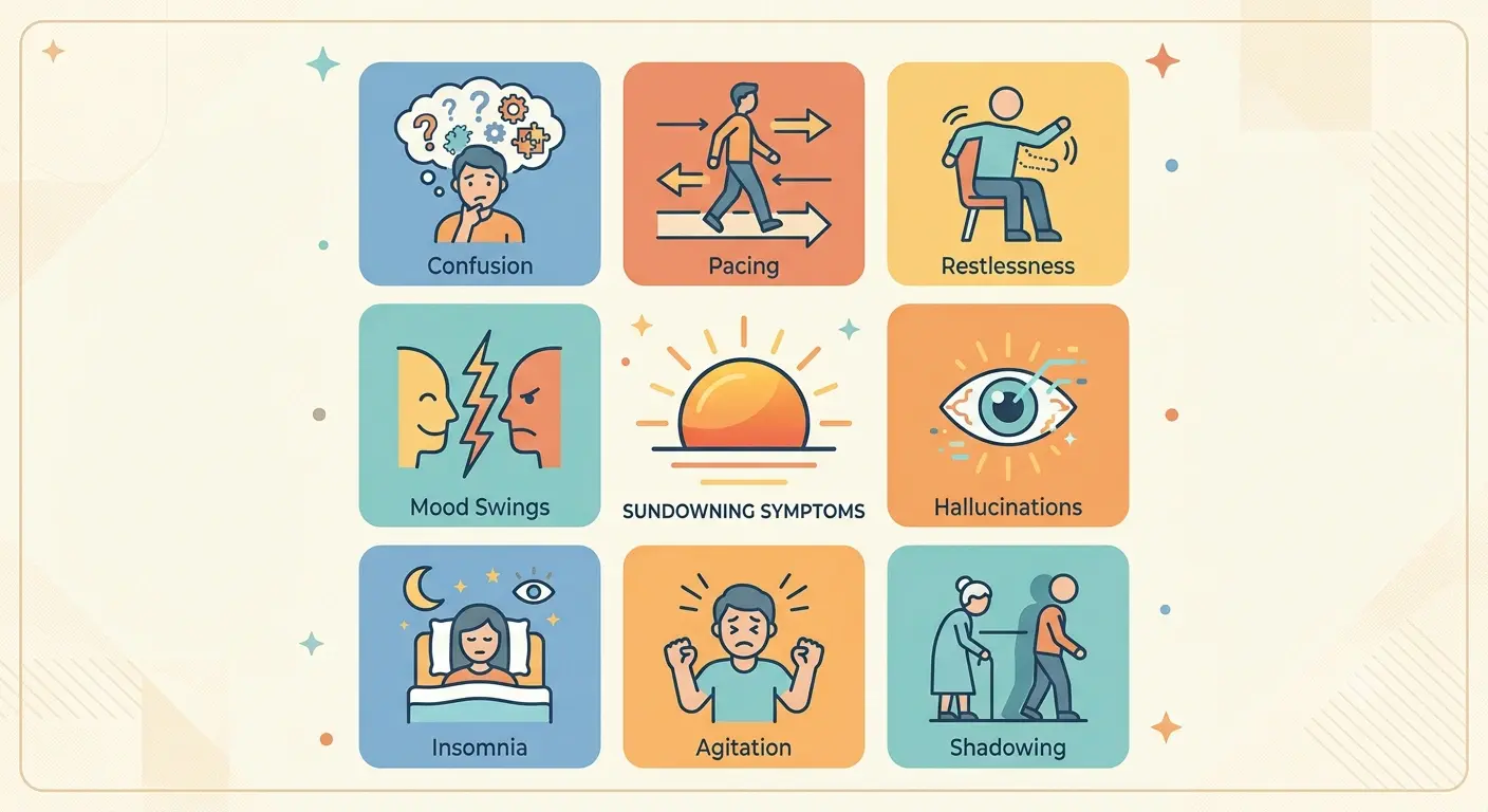 Infographic showing 9 common signs of sundowning in dementia, including confusion, pacing, restlessness, mood swings, and hallucinations