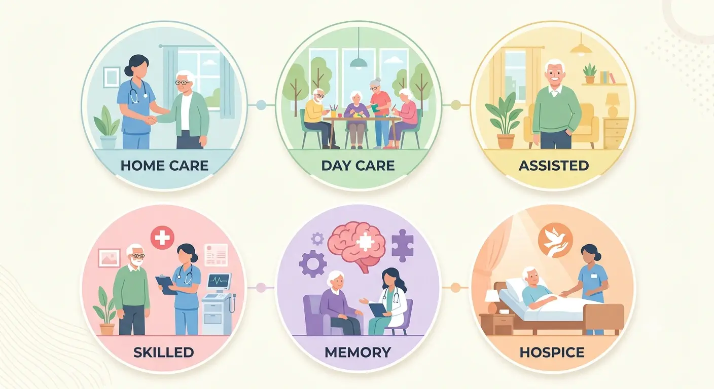 Six types of elder care services shown in icons: home care, day care, assisted living, skilled nursing, memory care, and hospice
