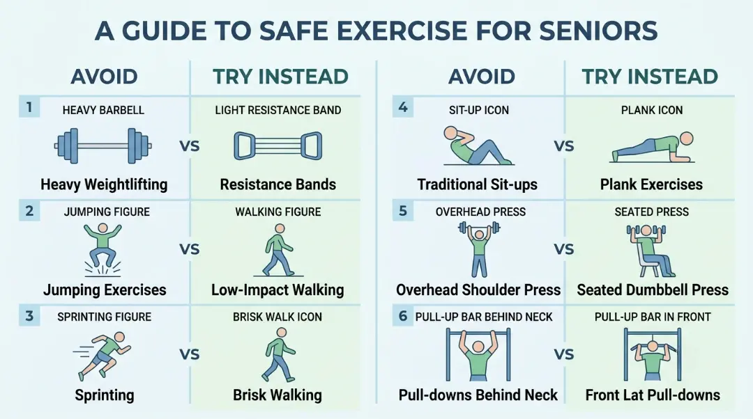 Infographic on what exercises should seniors avoid, comparing 6 risky moves like heavy weightlifting, sprinting, and behind-the-neck pull-downs with safer alternatives for older adults