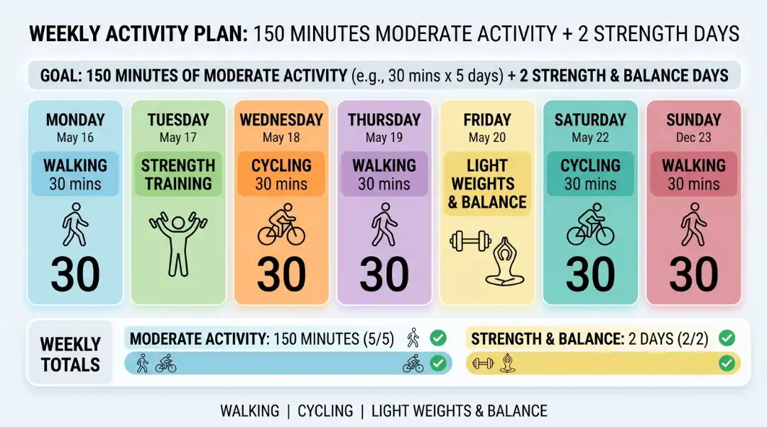 Weekly exercise plan infographic showing CDC guidelines of 150 minutes moderate activity and 2 strength days, helpful for understanding what exercises should seniors avoid and replace with safer options