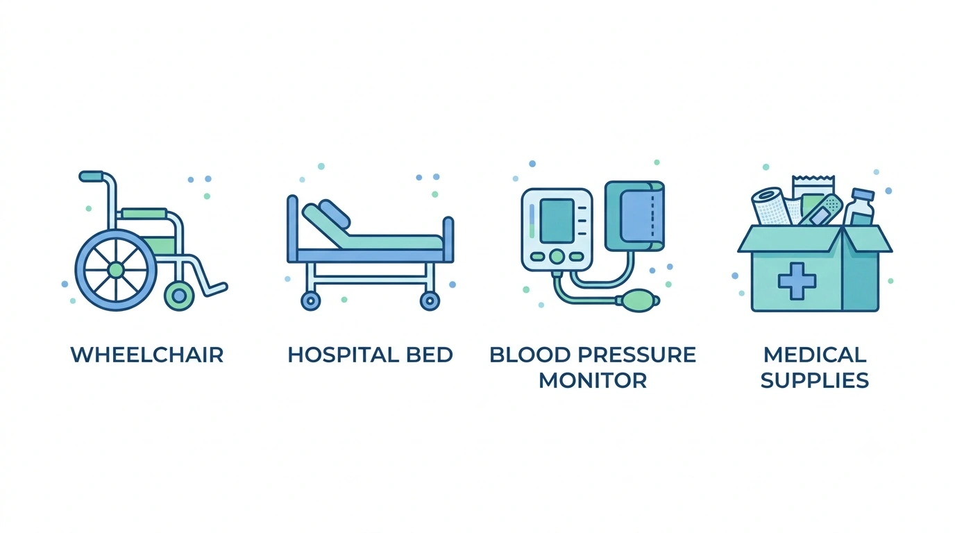 Infographic showing what medical equipment can be donated: wheelchair, hospital bed, blood pressure monitor, and medical supplies