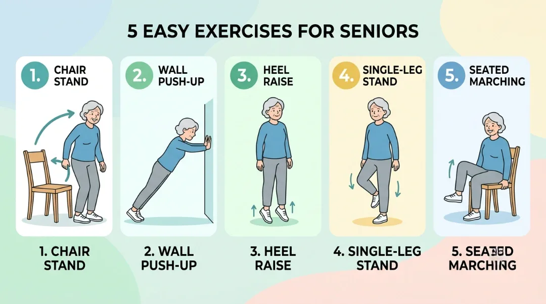 5 easy home exercises for seniors infographic showing chair stand, wall push-up, heel raise, single-leg stand, and seated marching step-by-step