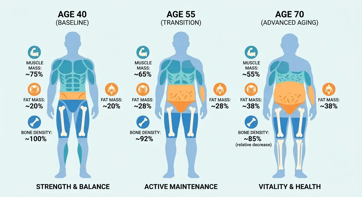 Body composition changes at 70 showing muscle mass, fat mass, and bone density decline from age 40 to 70