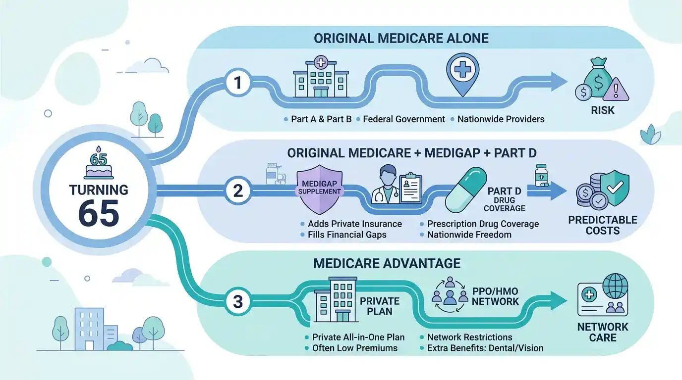 Infographic comparing the three Medicare paths seniors choose to find what is the best medical plan for seniors