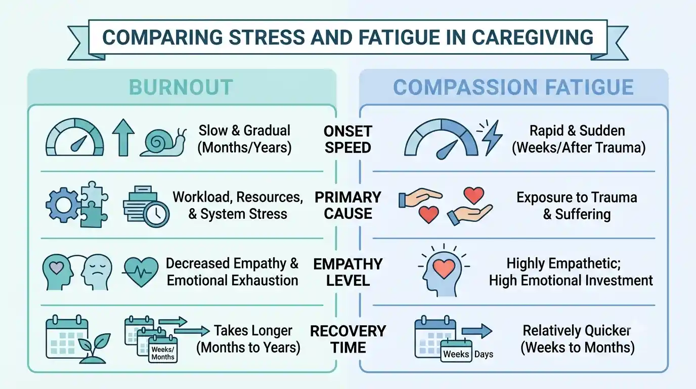 Infographic comparing caregiver burnout vs compassion fatigue by onset speed, primary cause, empathy level, and recovery time