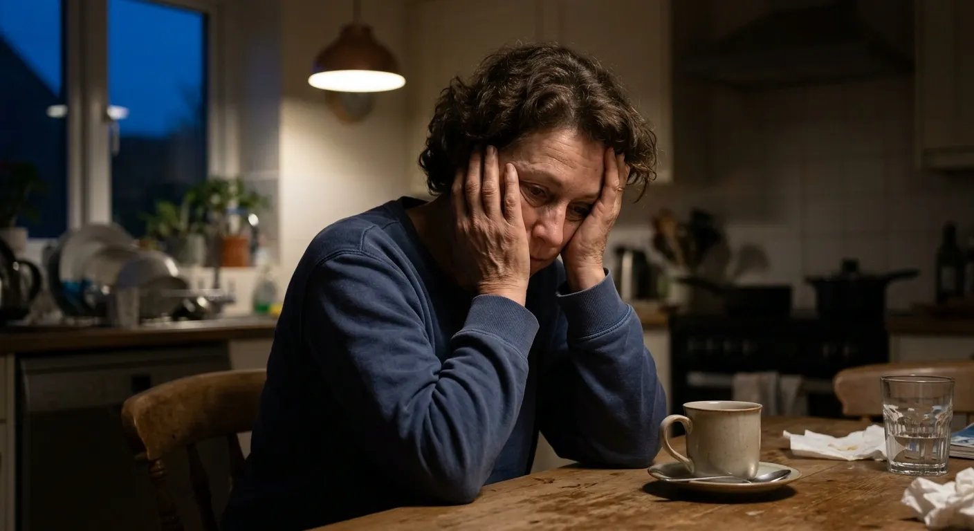 Tired caregiver resting her head in her hands at a kitchen table, showing signs of caregiver burnout vs compassion fatigue at night