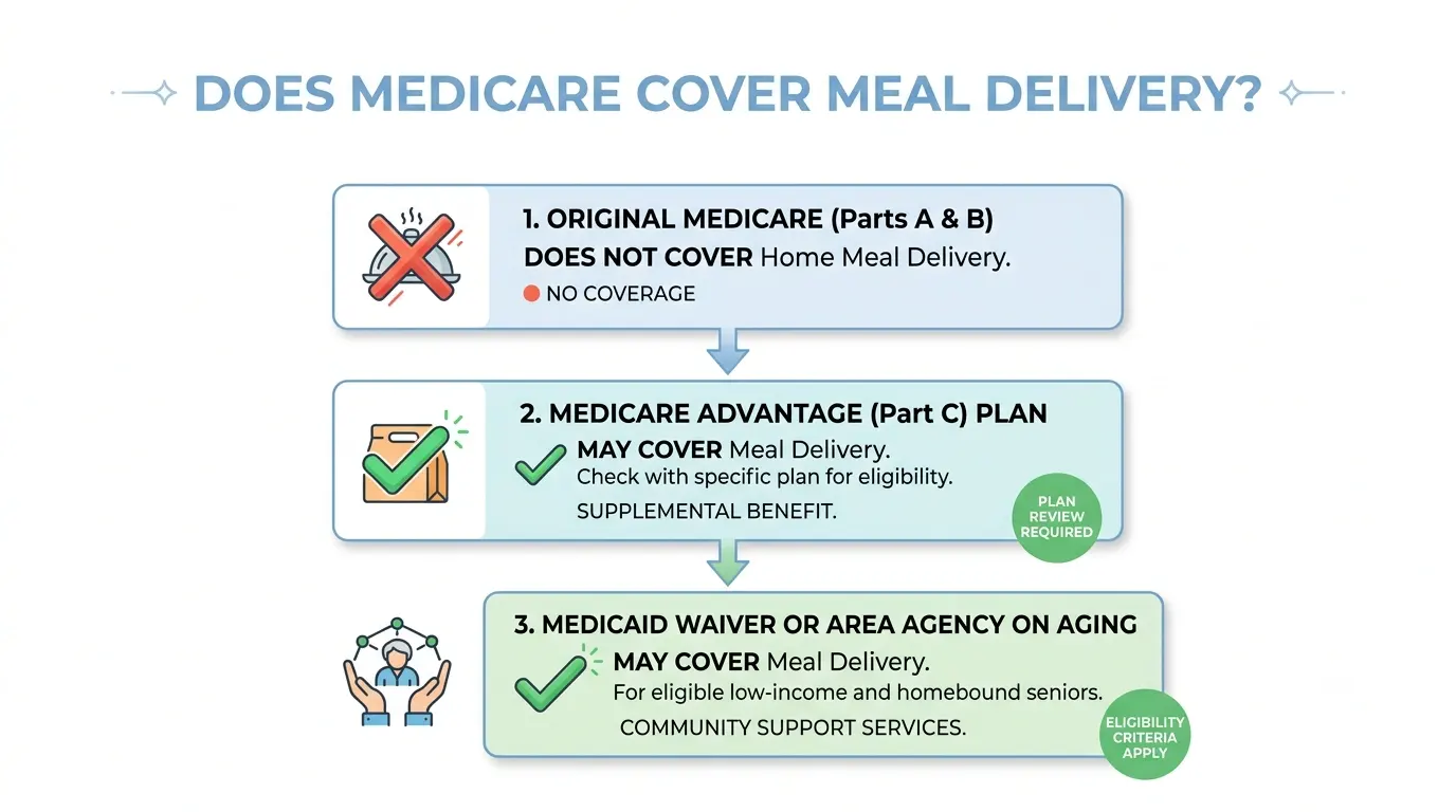 Infographic showing whether Medicare covers meal delivery services for seniors, including Medicare Advantage and Medicaid
