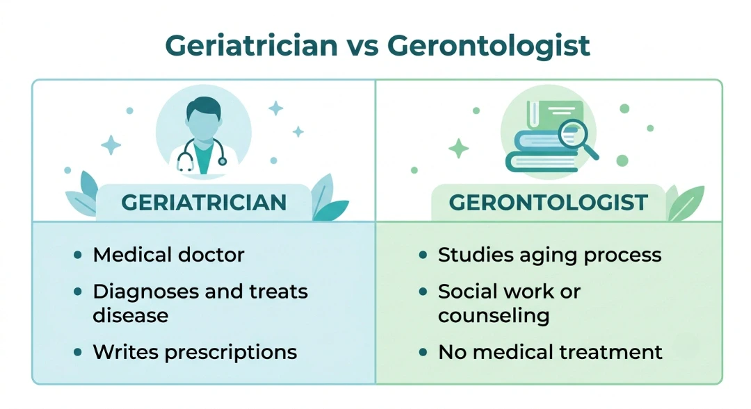 Infographic comparing geriatrician vs gerontologist: a geriatrician is a medical doctor who diagnoses and treats disease, while a gerontologist studies the aging process through social work or counseling.Title Geriatrician vs Gerontologist - Key Differences in Geriatric Care Caption A geriatrician treats age-related disease as a medical doctor, while a gerontologist studies the aging process itself. Description (under 400 characters) This infographic breaks down the difference between a geriatrician and a gerontologist in geriatric care. A geriatrician is a medical doctor who diagnoses and treats disease and prescribes medication. A gerontologist studies aging through social work or counseling, without providing direct medical treatment. Useful for families choosing the right professional for an elderly patient. (390 characters) URL / Filename geriatrician-vs-gerontologist-differences-infographic.webp Infographic comparing geriatrician vs gerontologist: a geriatrician is a medical doctor who diagnoses and treats disease, while a gerontologist studies the aging process through social work or counseling.