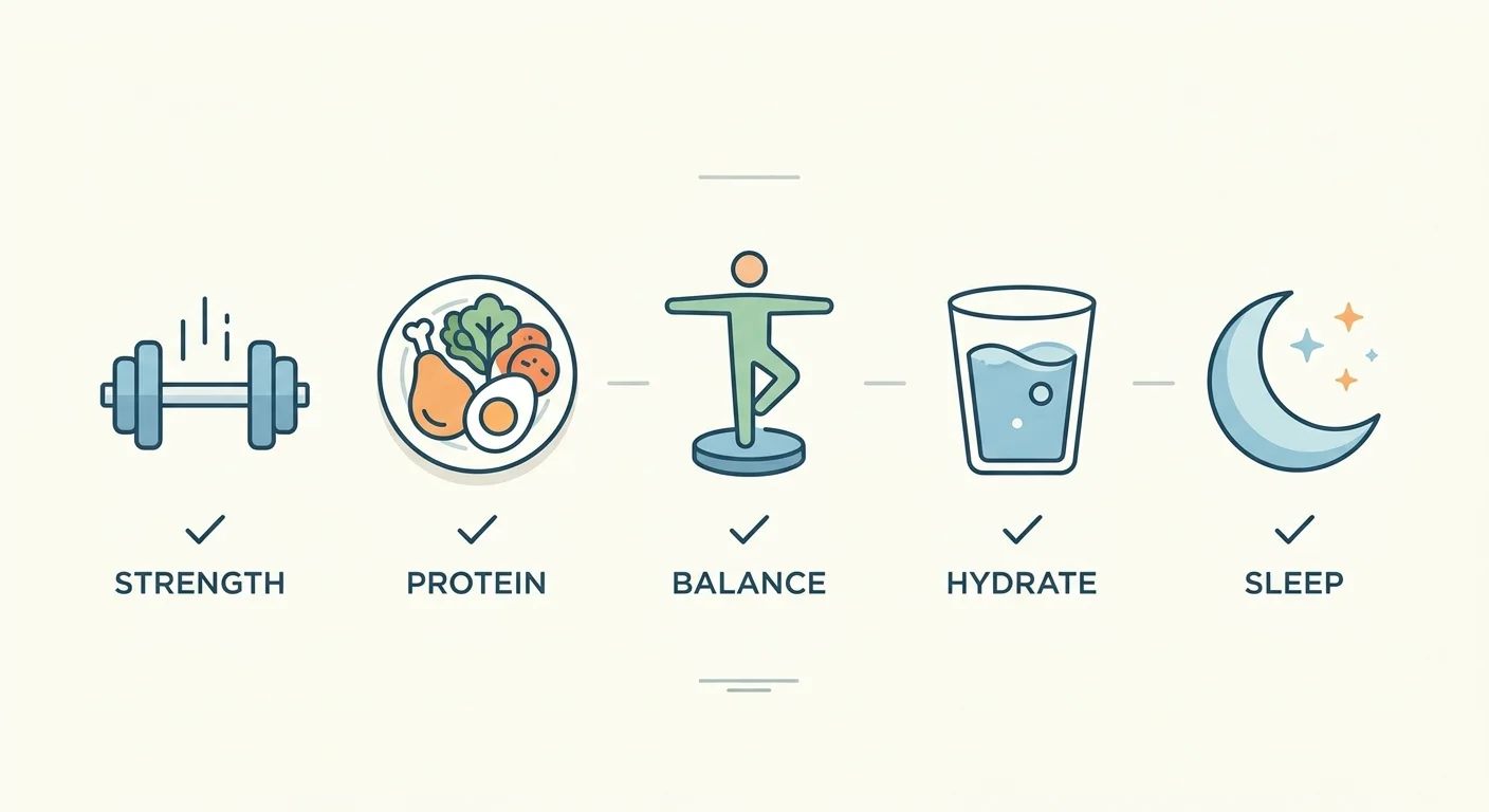 Five actionable steps for healthy aging at 70, strength training, protein, balance, hydration, and sleep