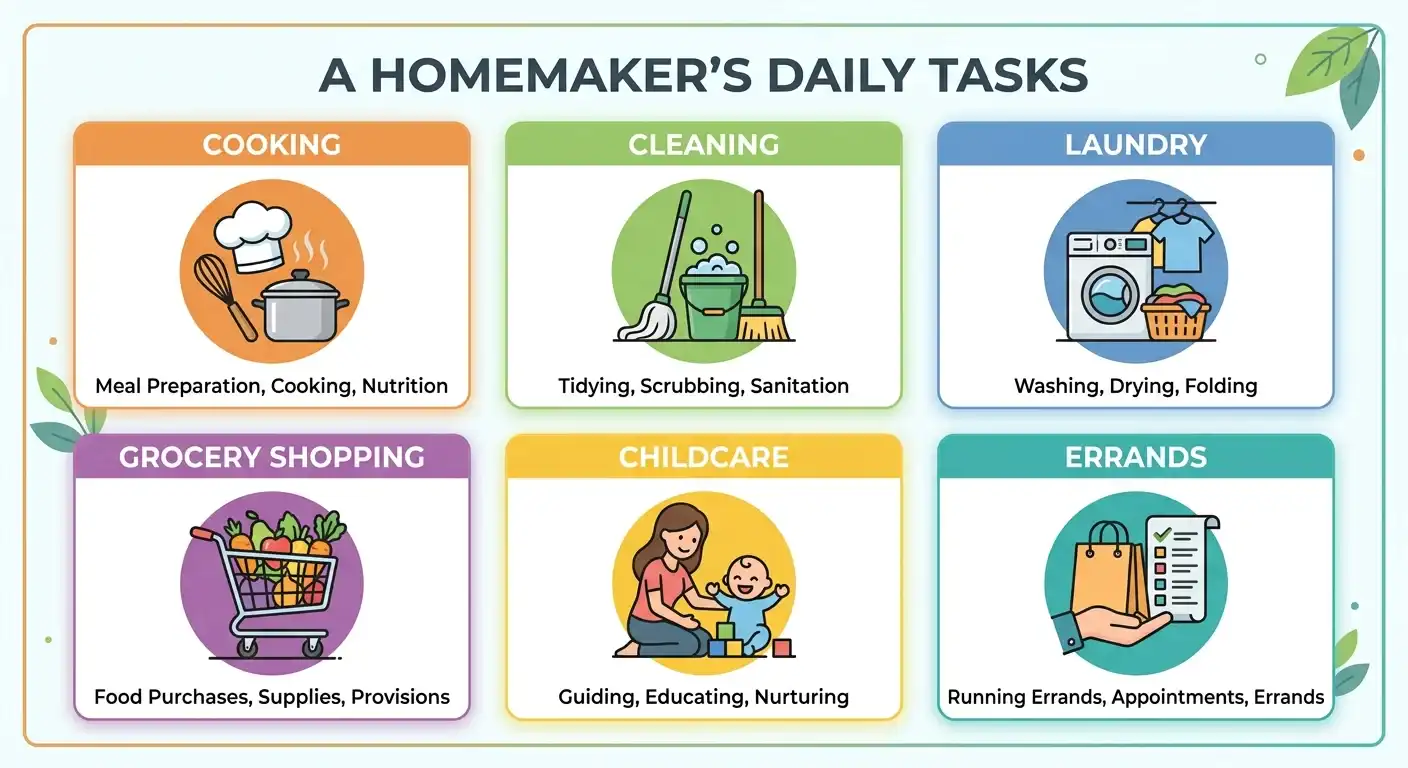 What does a homemaker do infographic showing cooking, cleaning, laundry, grocery shopping, childcare, and errands