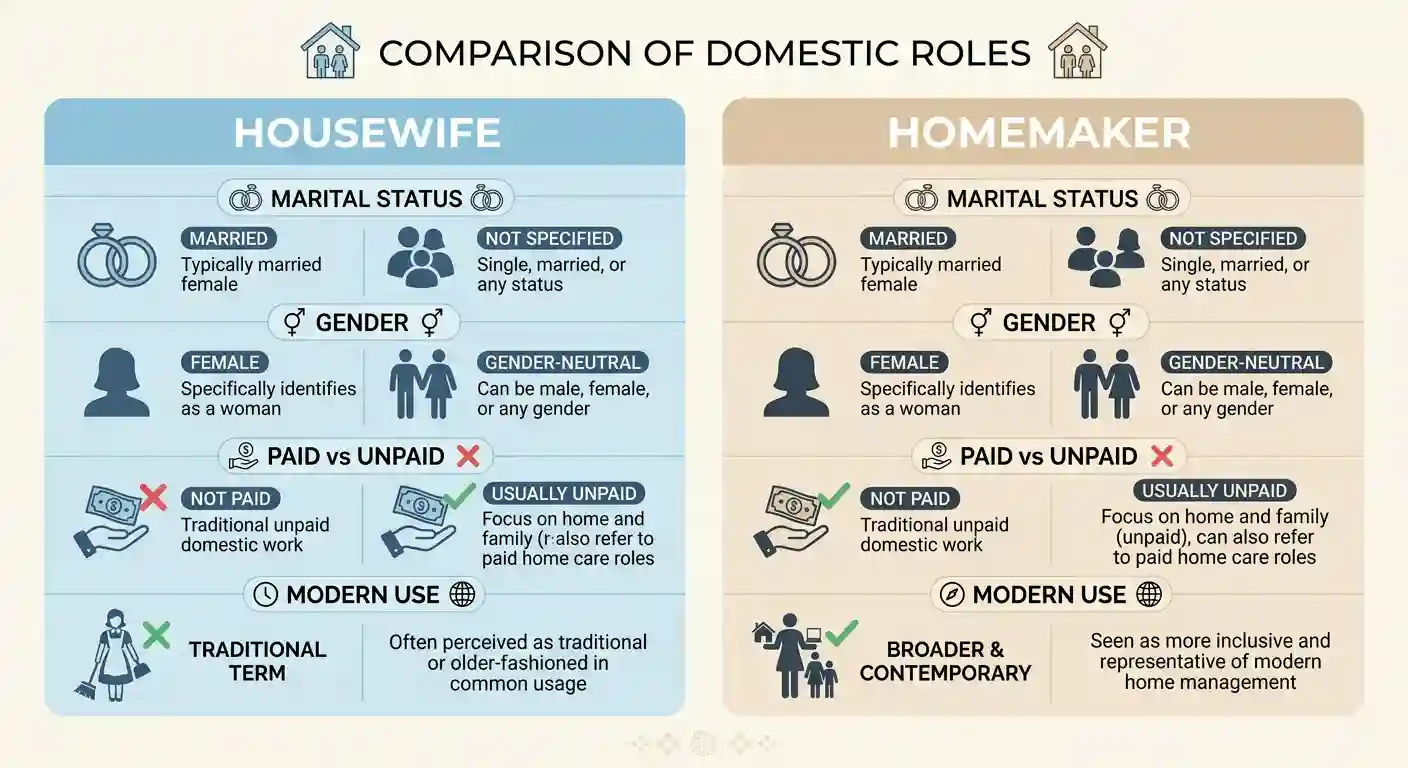 Homemaker vs housewife comparison infographic showing marital status, gender, paid vs unpaid work, and modern use differences
