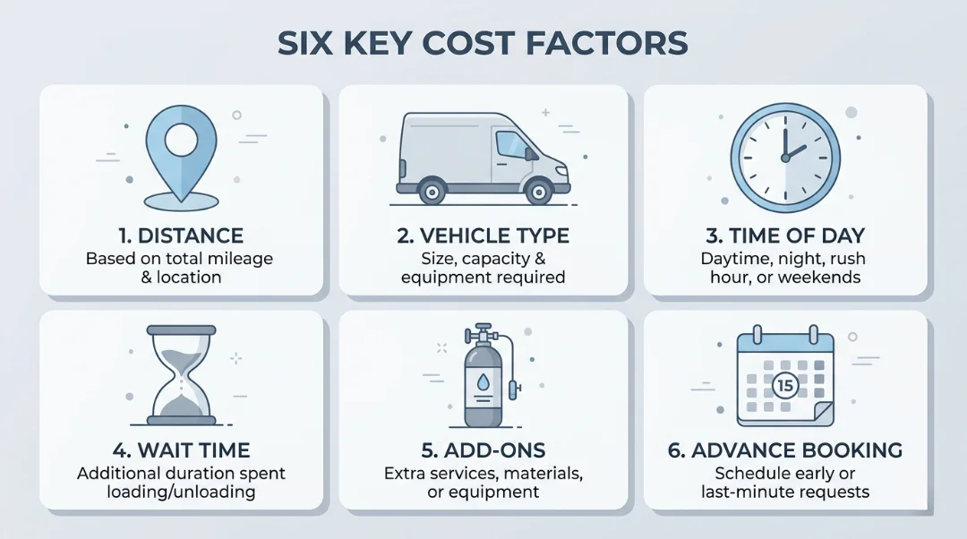 Infographic showing six factors that affect medical transport cost, including distance, vehicle type, time of day, wait time, add-ons, and advance booking for NEMT pricing.
