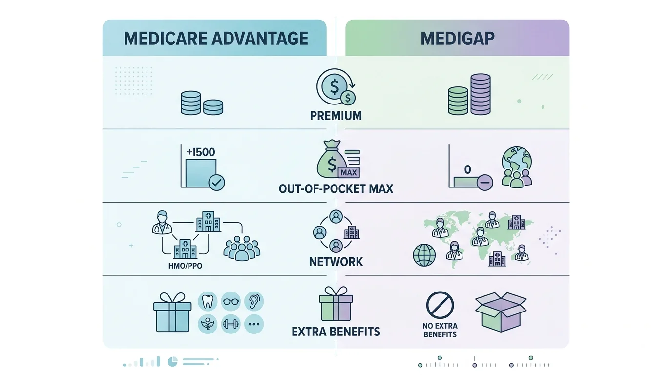 Side-by-side infographic comparing Medicare Advantage and Medigap costs and coverage for what is the best medical plan for seniors