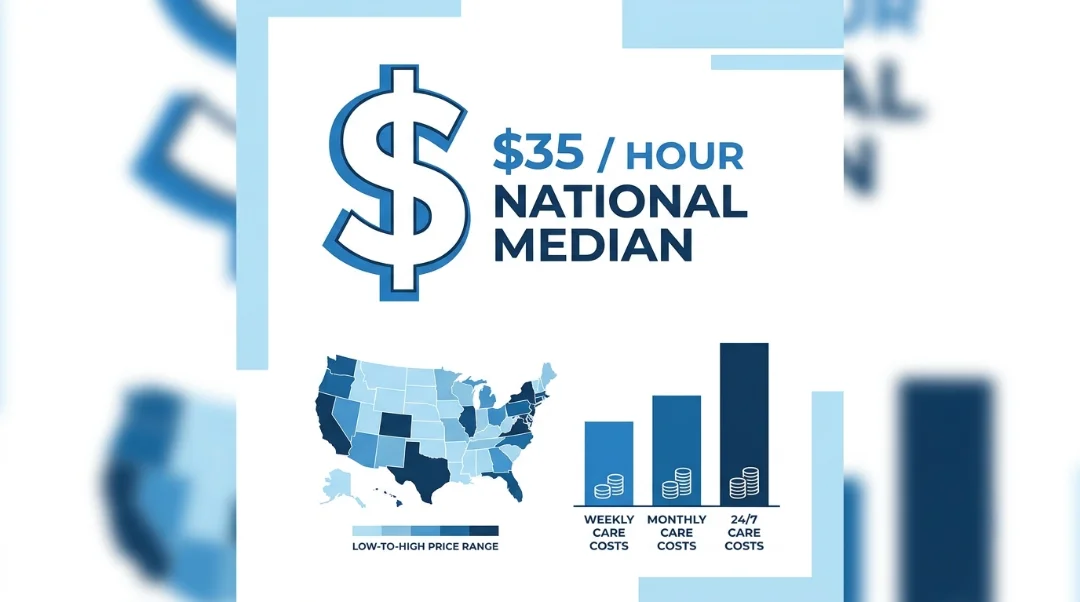 Infographic answering what is non-medical home care cost, showing a $35 per hour national median, a US map with low-to-high price ranges by state, and weekly, monthly, and 24/7 care cost comparisons.