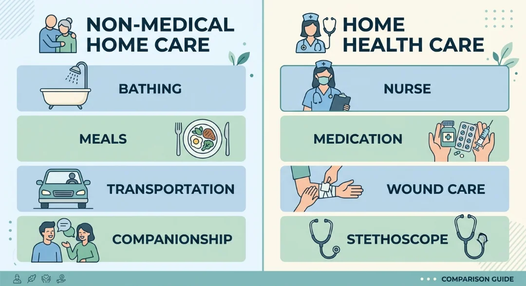 Infographic comparing what is non-medical home care versus home health care, showing bathing, meals, transportation, and companionship on one side and nurse, medication, wound care, and stethoscope on the other.