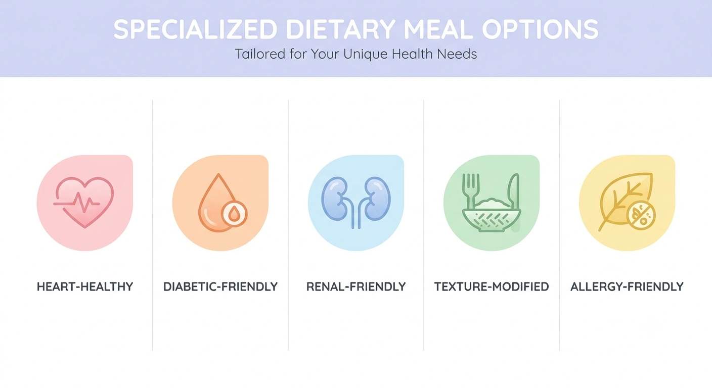 Icons showing dietary options in meal delivery services for seniors, including heart-healthy, diabetic, and renal-friendly meals
