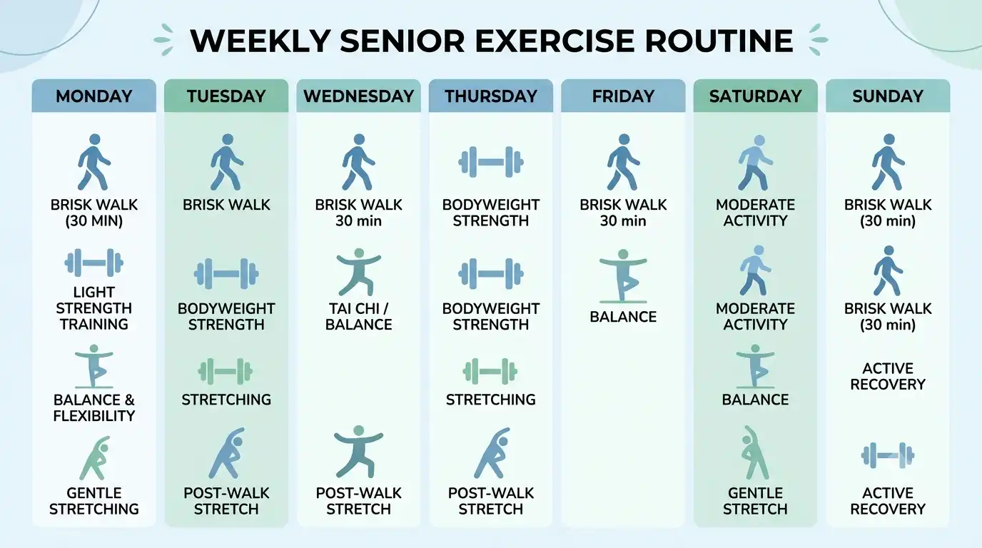 Weekly senior exercise routine infographic showing brisk walking, bodyweight strength training, tai chi, balance exercises, and stretching for each day of the week