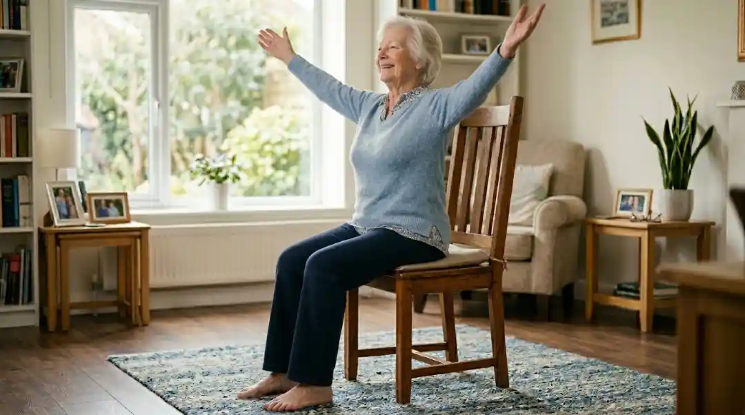 Chair yoga exercises for seniors, elderly woman sitting on a wooden chair with arms stretched wide in a bright home living room