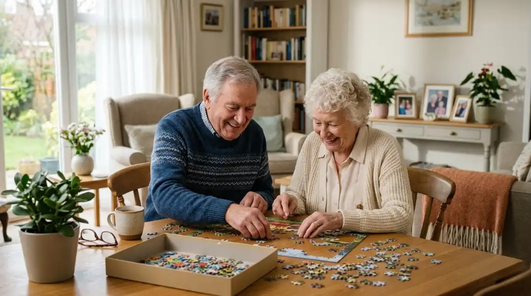 A senior couple shares a joyful moment solving a puzzle at their home table — simple activities like this support brain health and social connection.