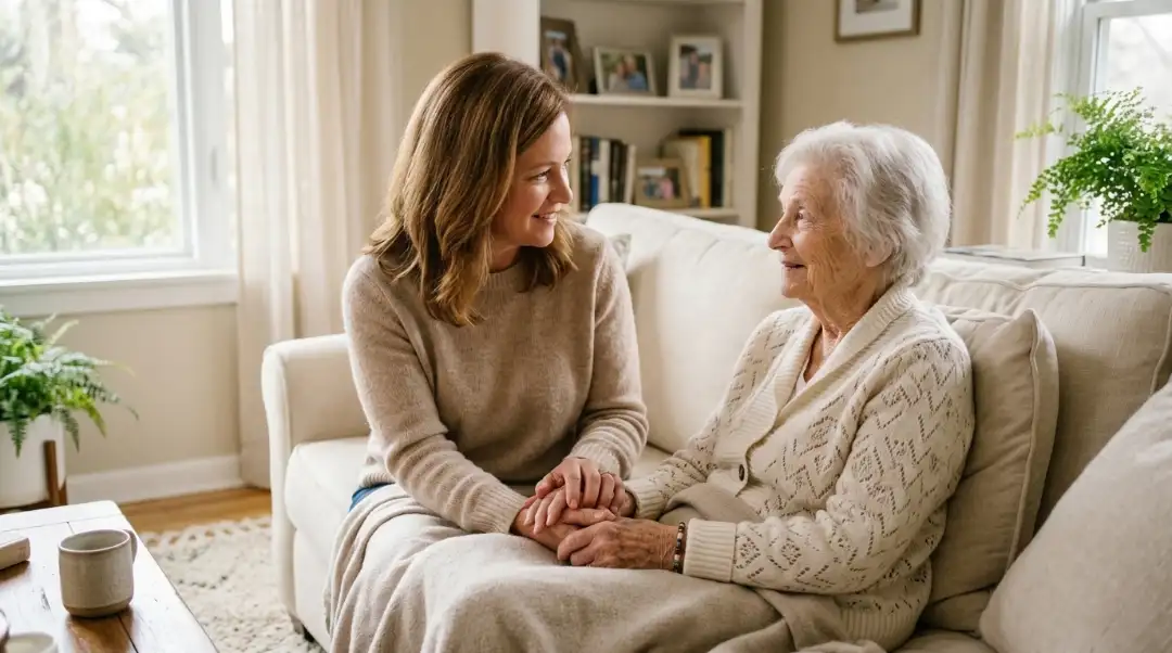 Adult daughter discussing personal care home vs assisted living options with her elderly mother at home